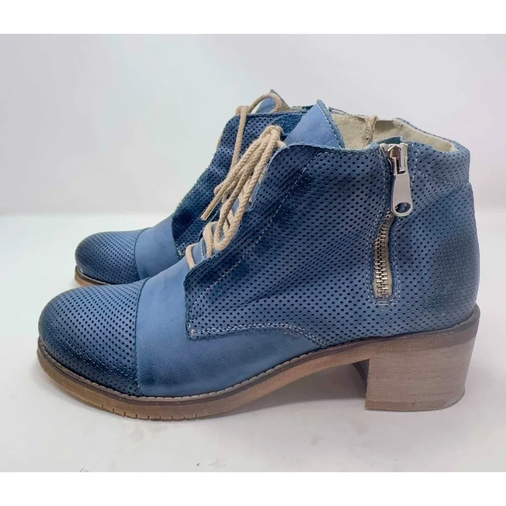 DEKY Italy Blue Leather Perforated Lace Up Ankle Boots Womens 40 US 9 Luxury